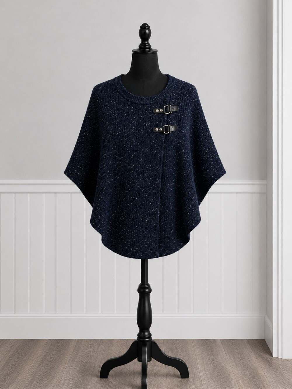 Talbots Blue Knit Poncho Sweater with Buckle Detail